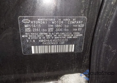 2016 Hyundai Elantra Value Edition z USA, uszkodzony, nr VIN KMHDH4AE4GU553373